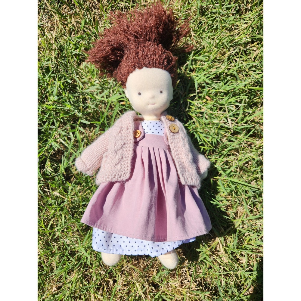 Handmade Waldorf Rag Doll Brown Yarn Hair Mauve Knit Cardigan Polka Dot Dress